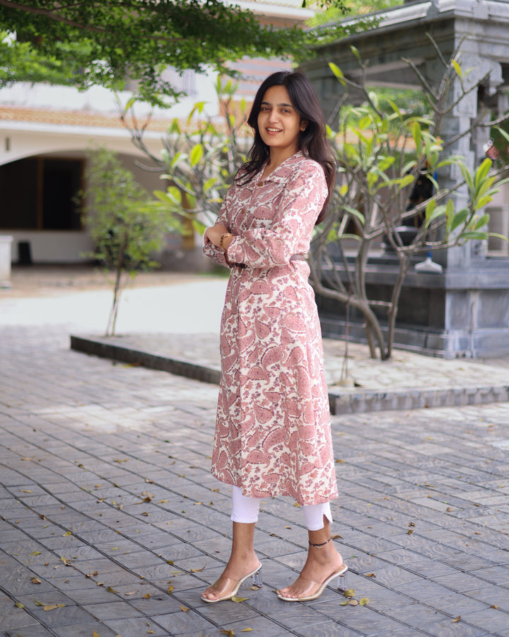 PastelPink Leather Belt Kurthi