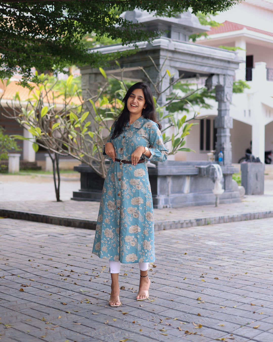 PastelBlue Leather Belt Kurthi