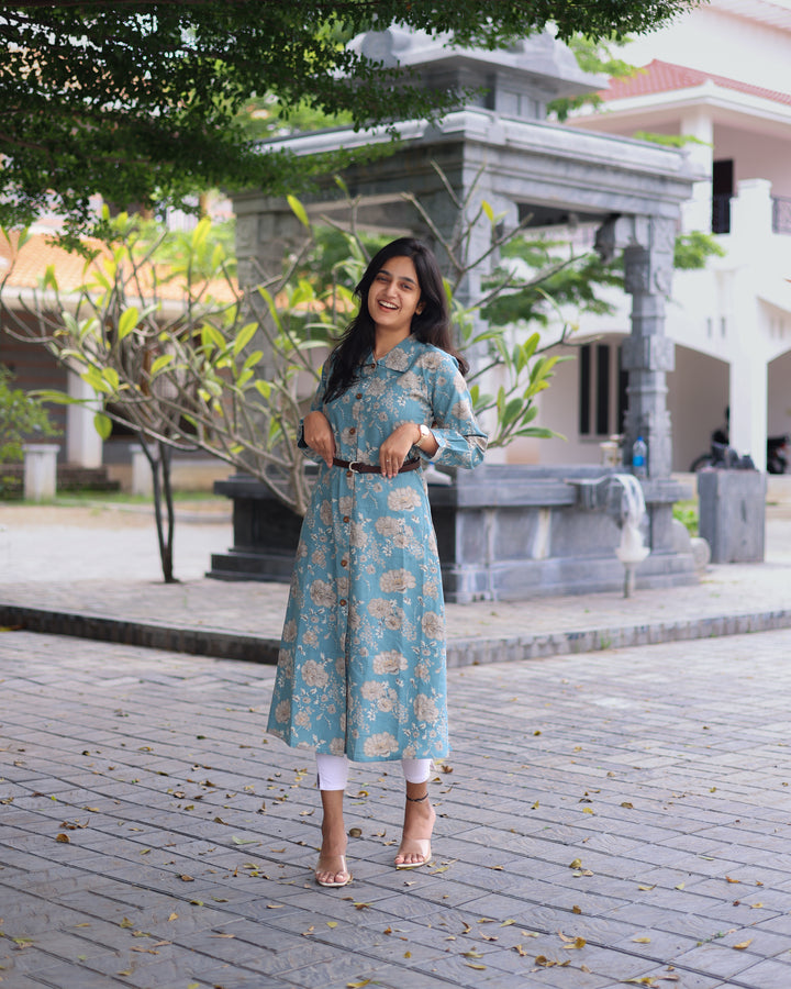 PastelBlue Leather Belt Kurthi