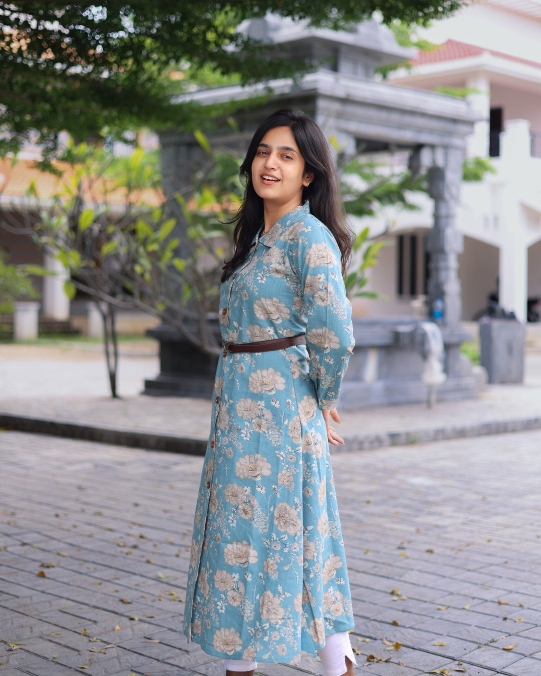 PastelBlue Leather Belt Kurthi