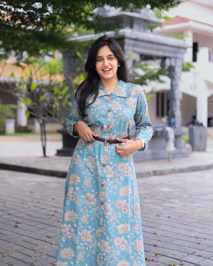 PastelBlue Leather Belt Kurthi