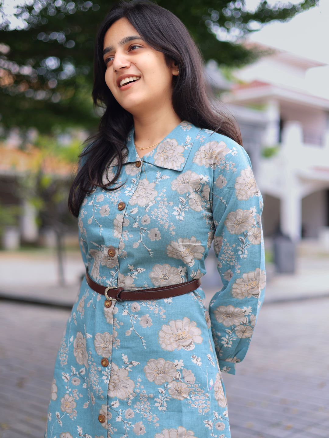 PastelBlue Leather Belt Kurthi