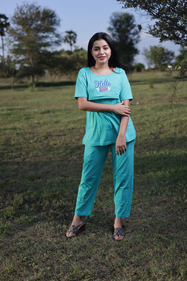 SeaGreen Cotton Maternity Top Pant Set