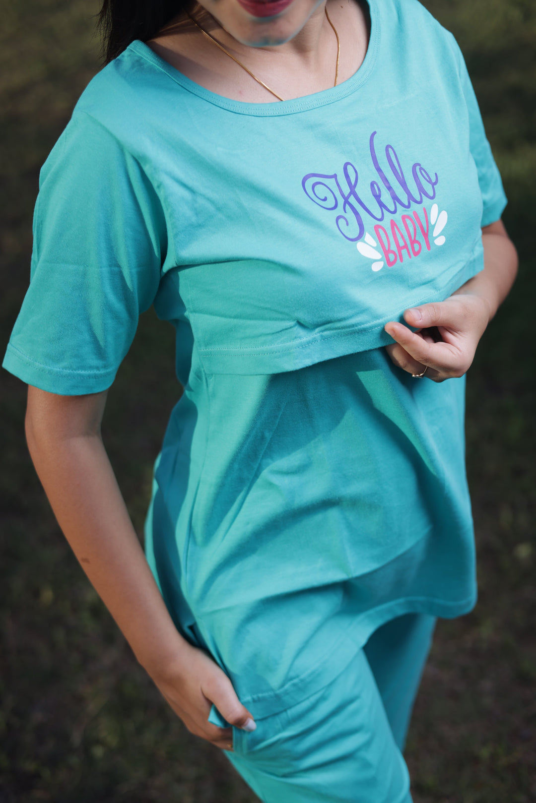 SeaGreen Cotton Maternity Top Pant Set