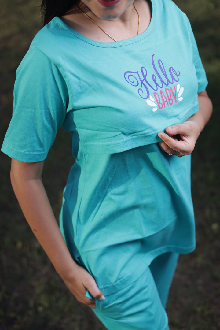SeaGreen Cotton Maternity Top Pant Set