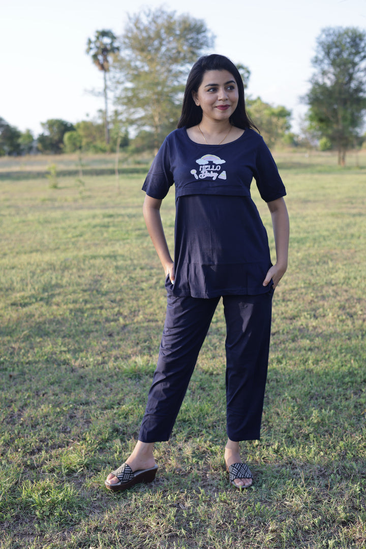 NavyBlue Cotton Maternity Top Pant Set