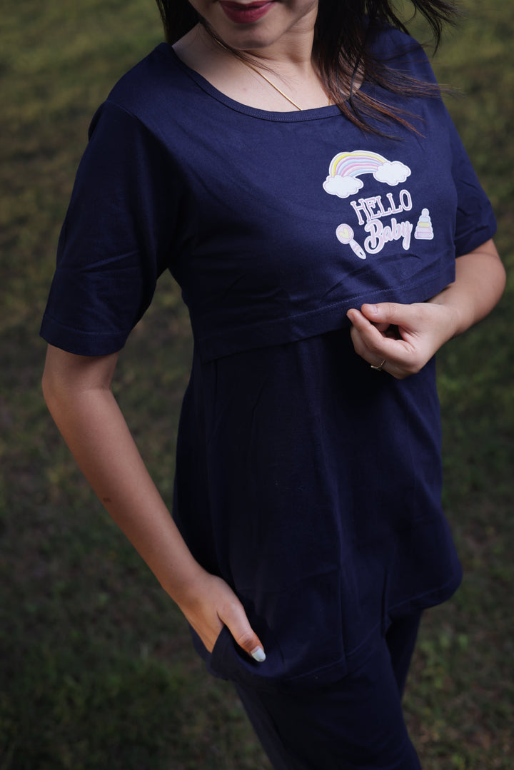 NavyBlue Cotton Maternity Top Pant Set